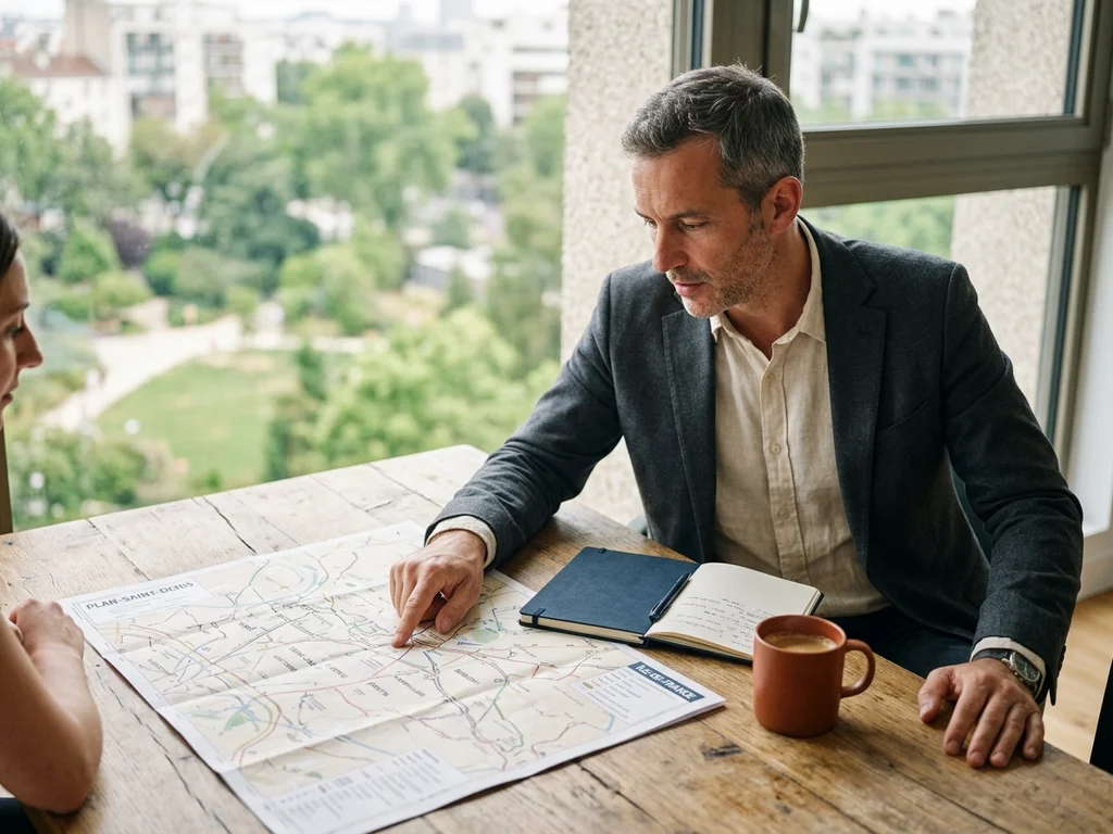 Consultant analysant une carte locale pour optimiser la visibilité SEO au Blanc-Mesnil.