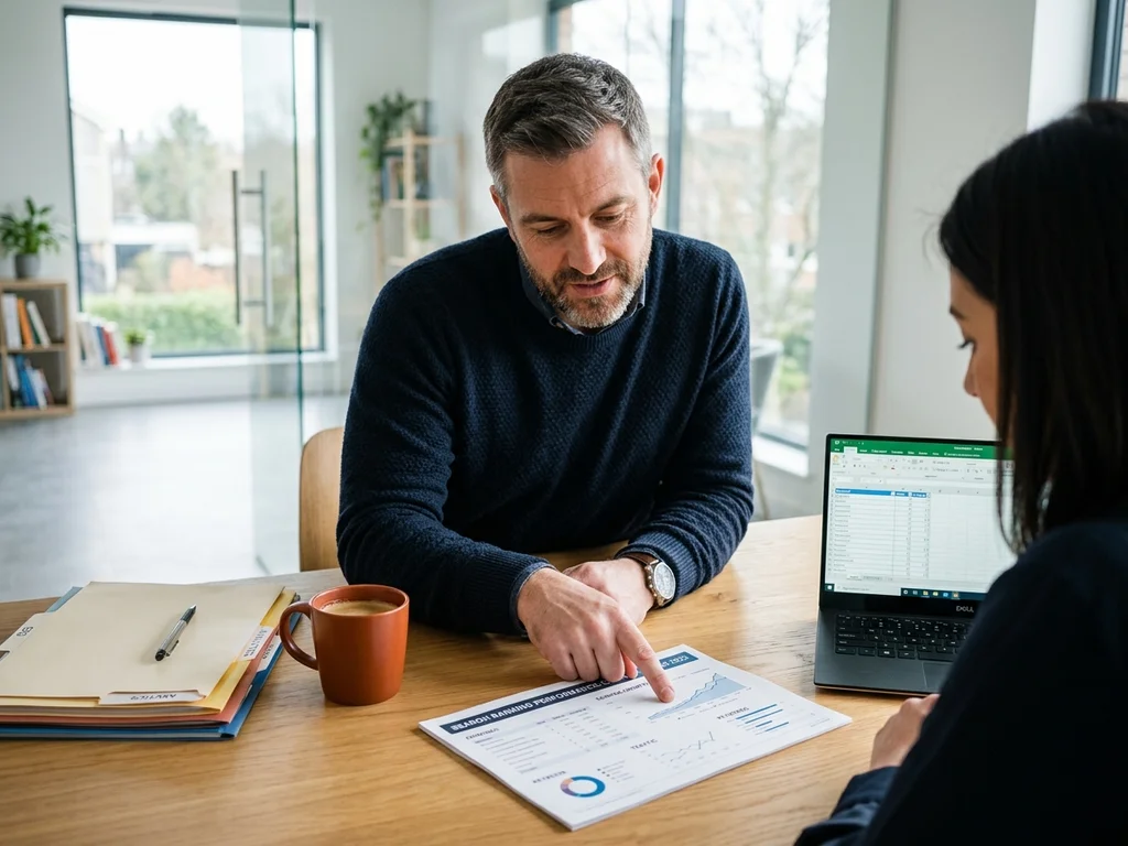 Consultant SEO au Blanc-Mesnil présentant un rapport de positionnement Google pour dominer le marché.