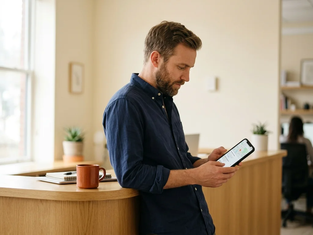 Commerçant du Blanc-Mesnil vérifiant sa fiche Google Business pour optimiser son référencement local.