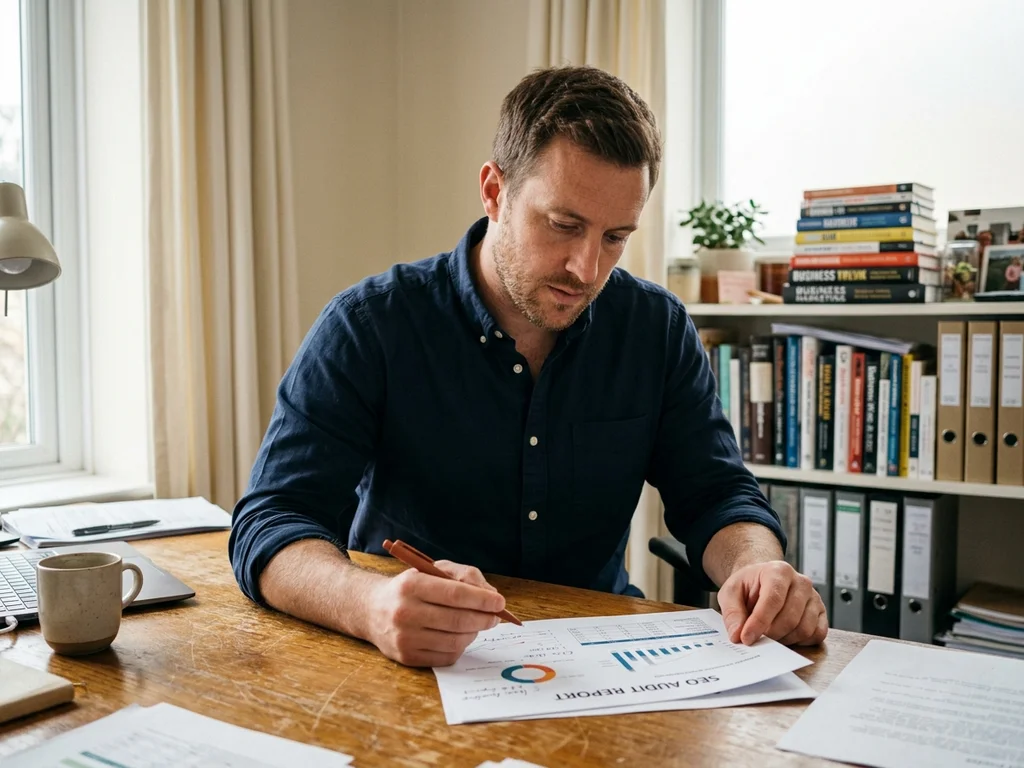 Consultant SEO analysant des rapports de performance pour optimiser le référencement Google d'une PME locale.