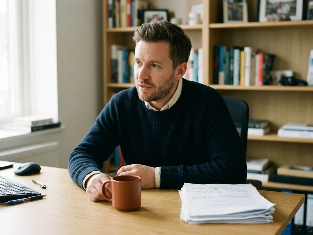 Thomas, expert SEO de proximité, élabore une stratégie digitale personnalisée dans son bureau local.